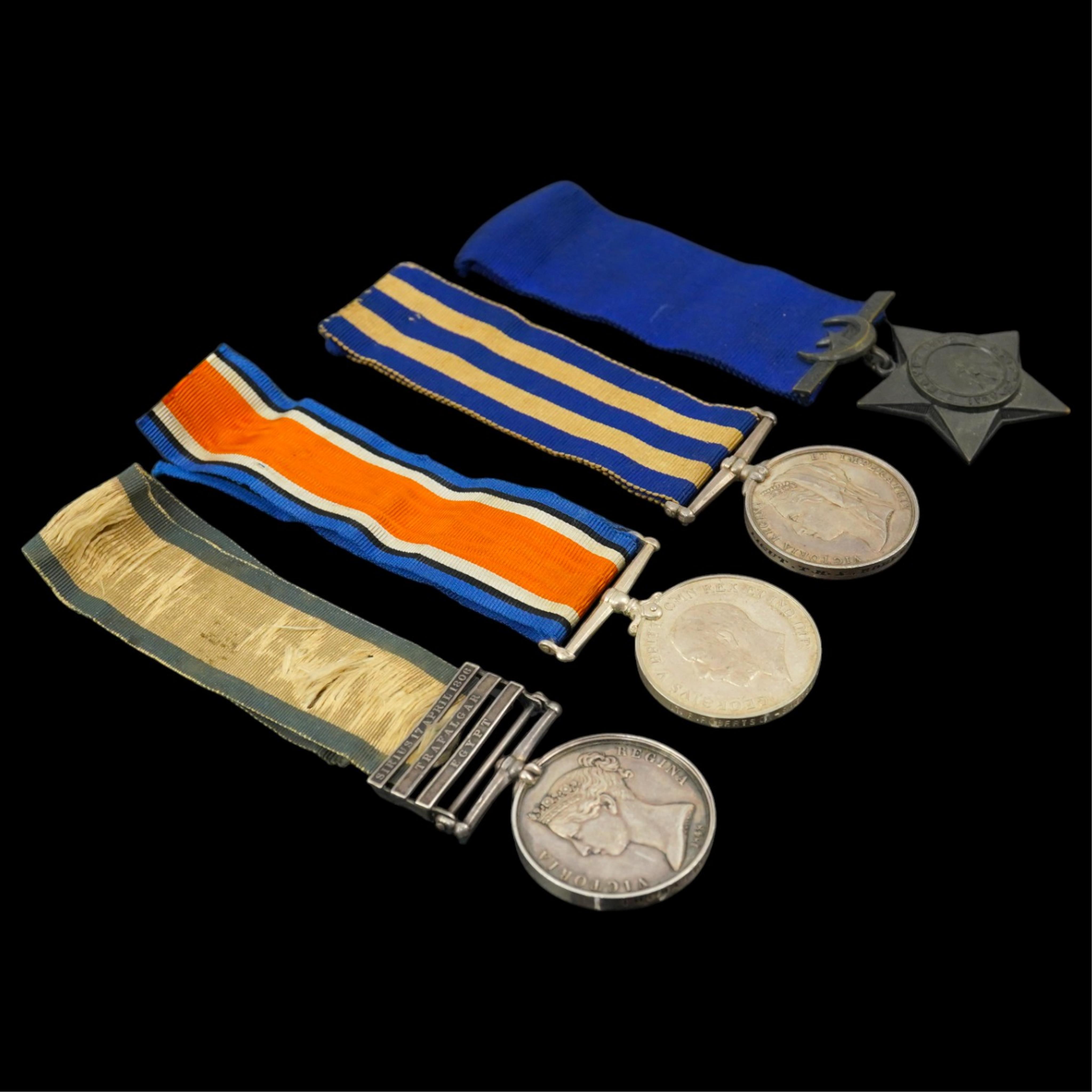 Battle of Trafalgar interest; Four medals awarded to members of the Robertson family. A Victorian naval General Service Medal to Thomas Robertson, Surgeon, with three bars for;, Sirius 17 April 1806, Trafalgar and Egypt,
